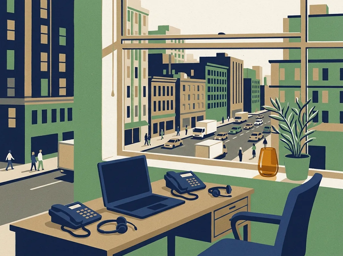 Small office with a desk phone and closed laptop