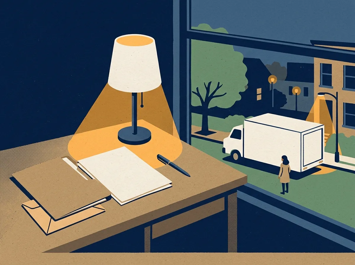 Desk with a folder of papers, an envelope and a lamp