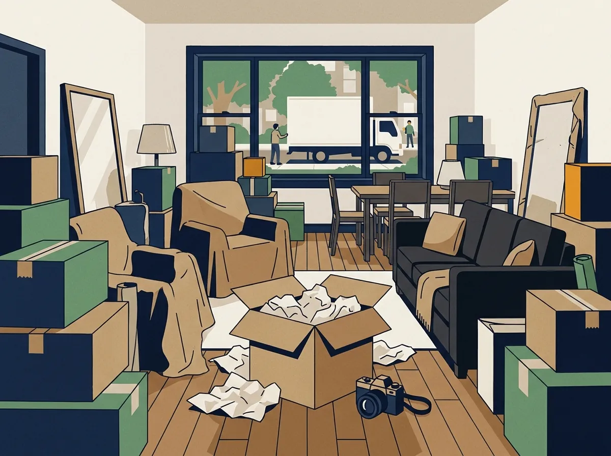 Delivered boxes in a new room, one open, with a camera on the floor