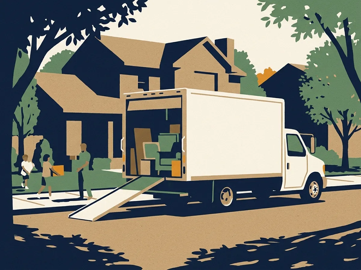 Moving truck at the curb with furniture half loaded