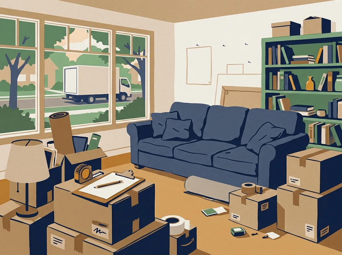 Living room with furniture and stacked moving boxes, a clipboard and tape measure on a box