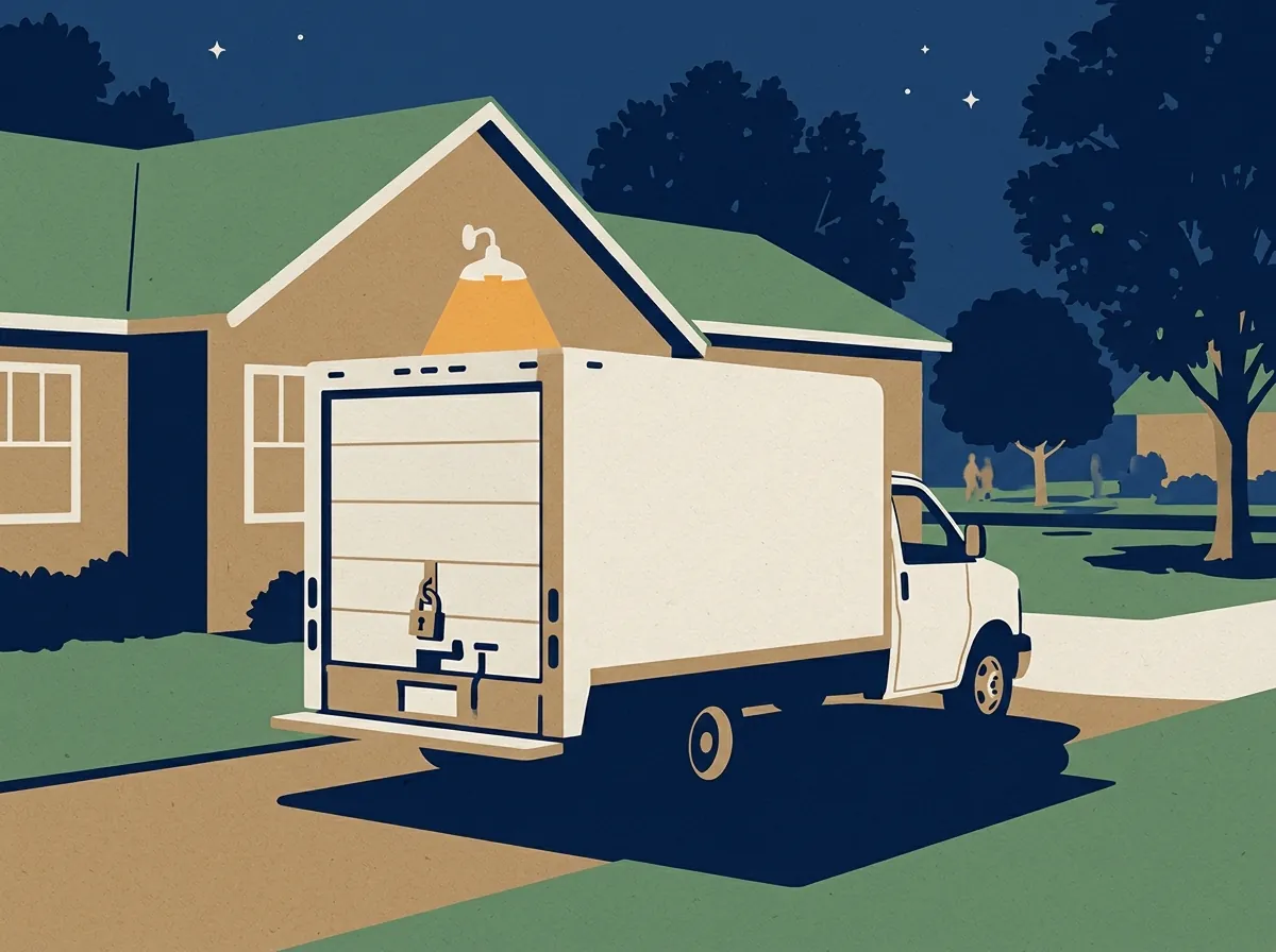 Moving truck parked at night with a padlocked rear door