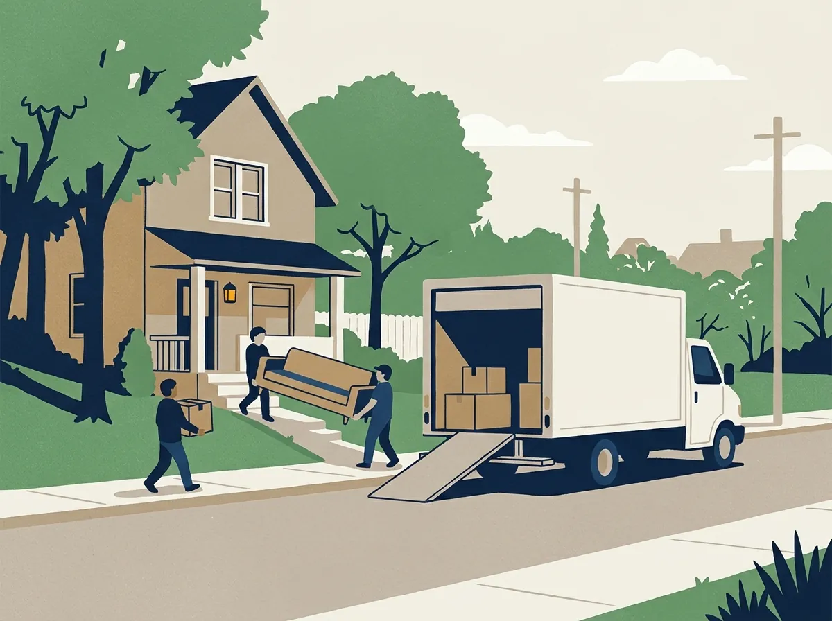 Movers carrying a sofa and boxes into a truck