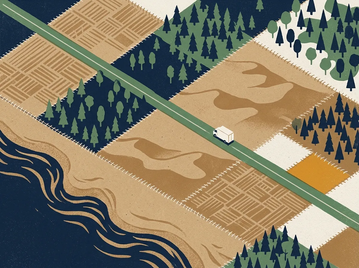 Aerial patchwork of fields, forest, desert and coast crossed by a highway