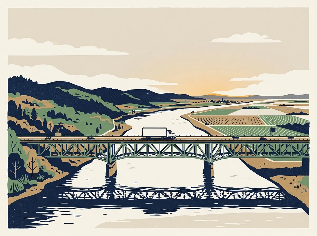 Moving truck crossing a long bridge over a river between two landscapes