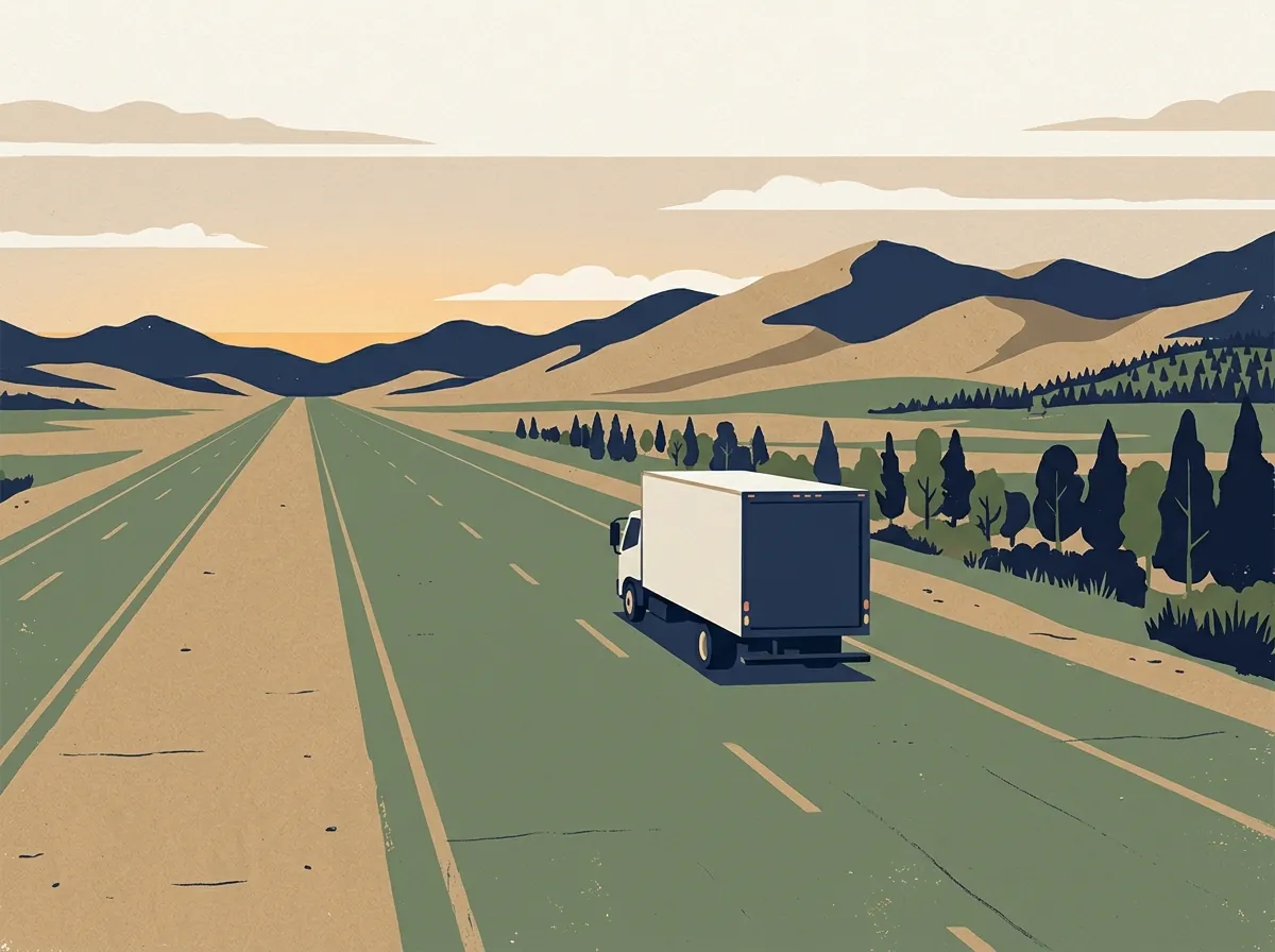 Moving truck on an empty highway at dawn