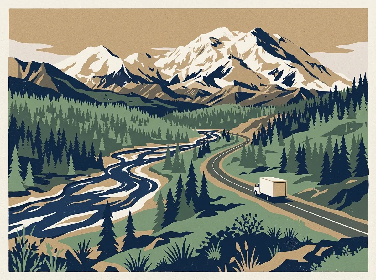 Illustration of a moving truck on a highway through Alaska