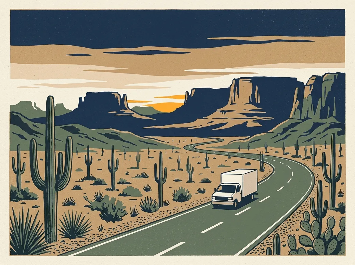 Illustration of a moving truck on a highway through Arizona