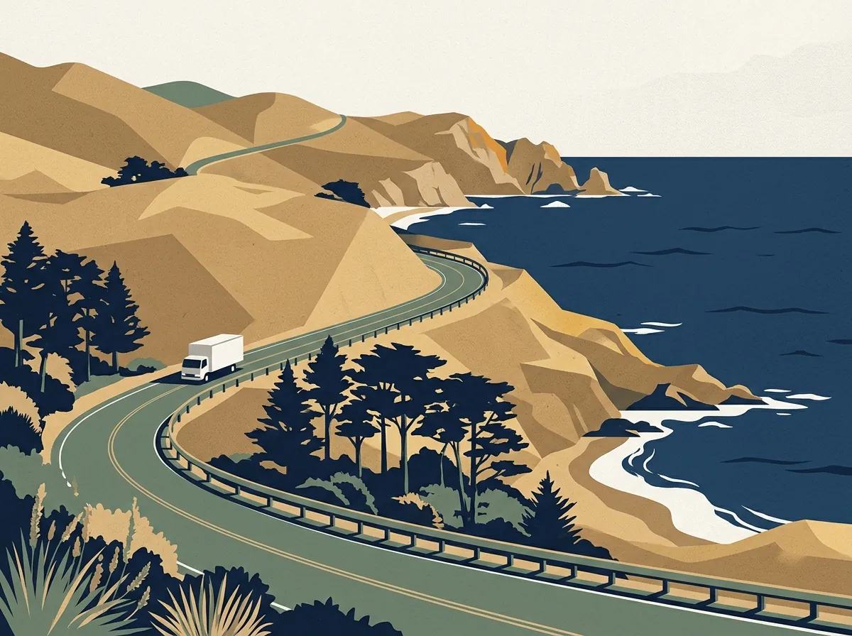 Illustration of a moving truck on a highway through California