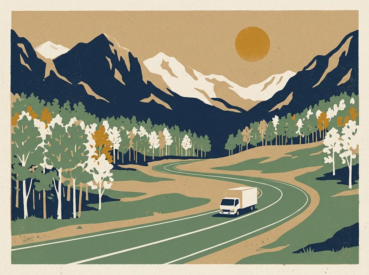 Illustration of a moving truck on a highway through Colorado
