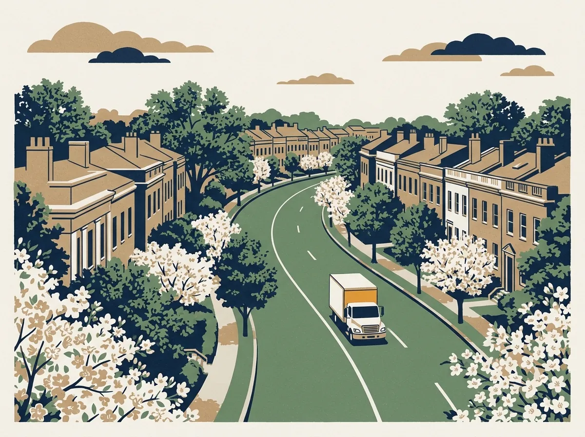 Illustration of a moving truck on a highway through District of Columbia