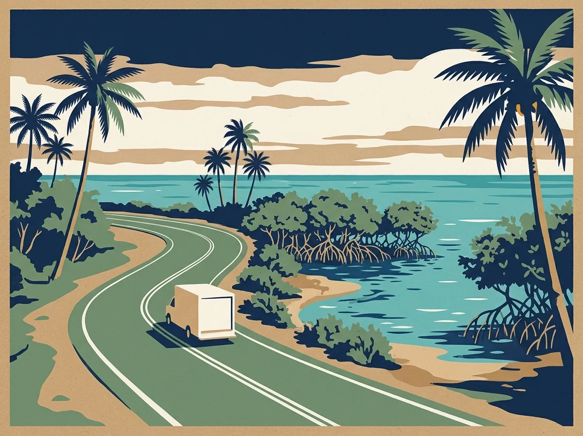 Illustration of a moving truck on a highway through Florida