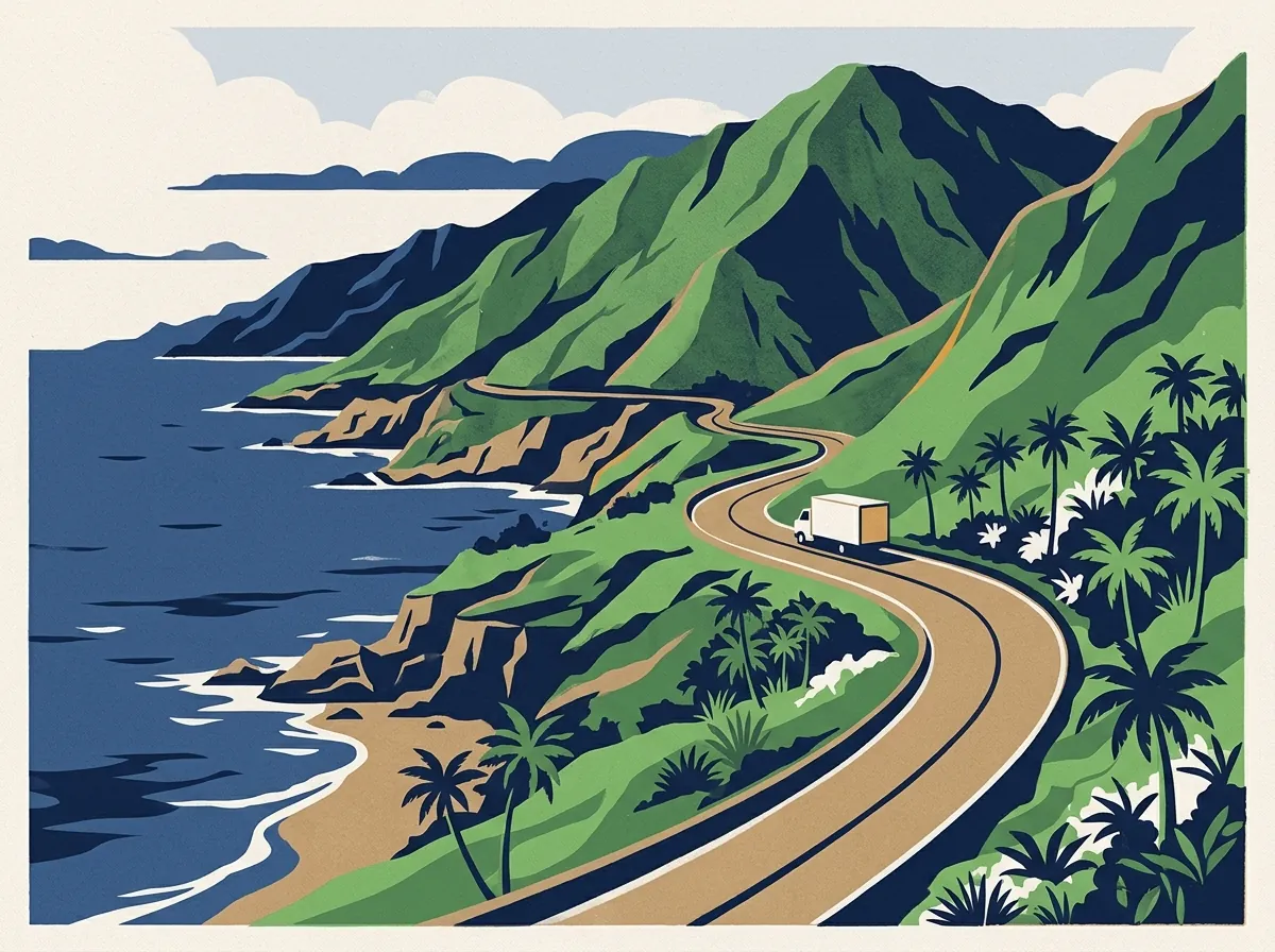 Illustration of a moving truck on a highway through Hawaii