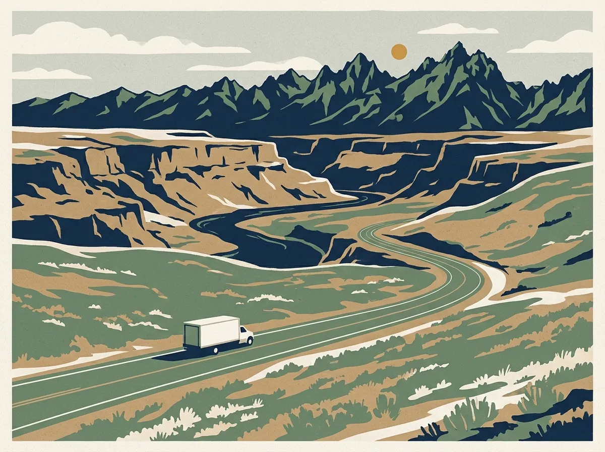 Illustration of a moving truck on a highway through Idaho