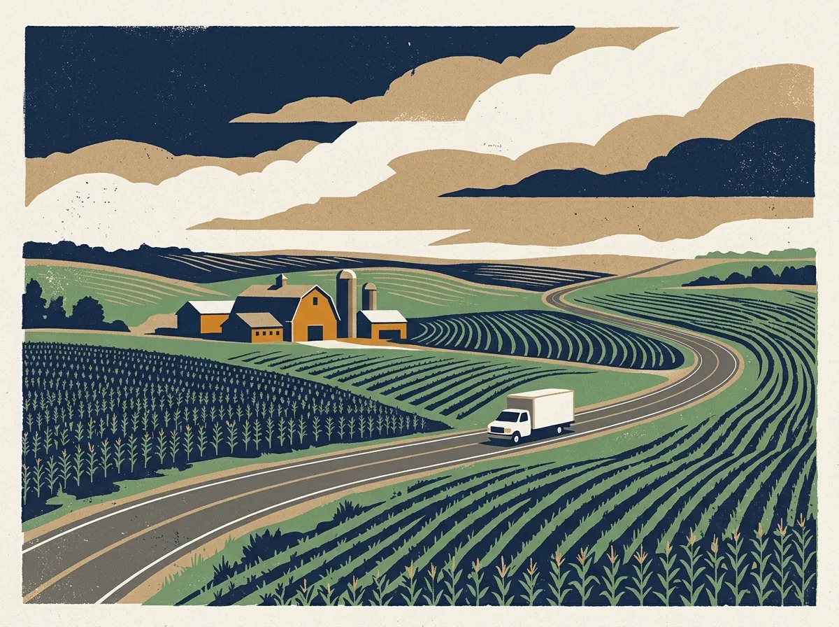 Illustration of a moving truck on a highway through Iowa