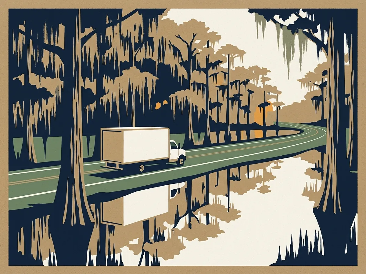 Illustration of a moving truck on a highway through Louisiana