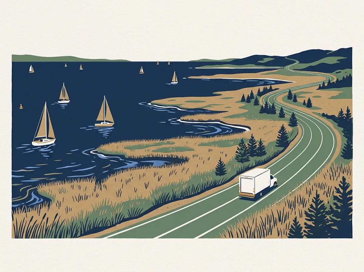 Illustration of a moving truck on a highway through Maryland