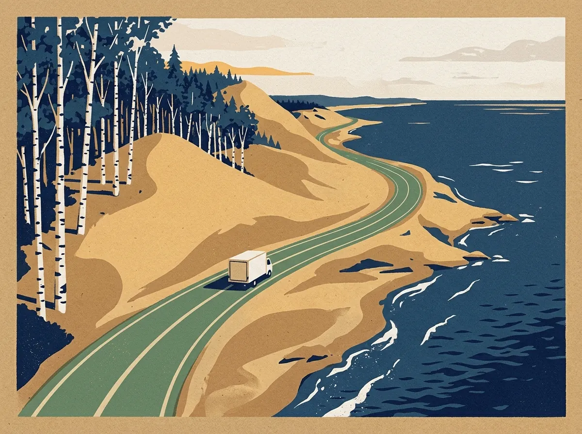 Illustration of a moving truck on a highway through Michigan