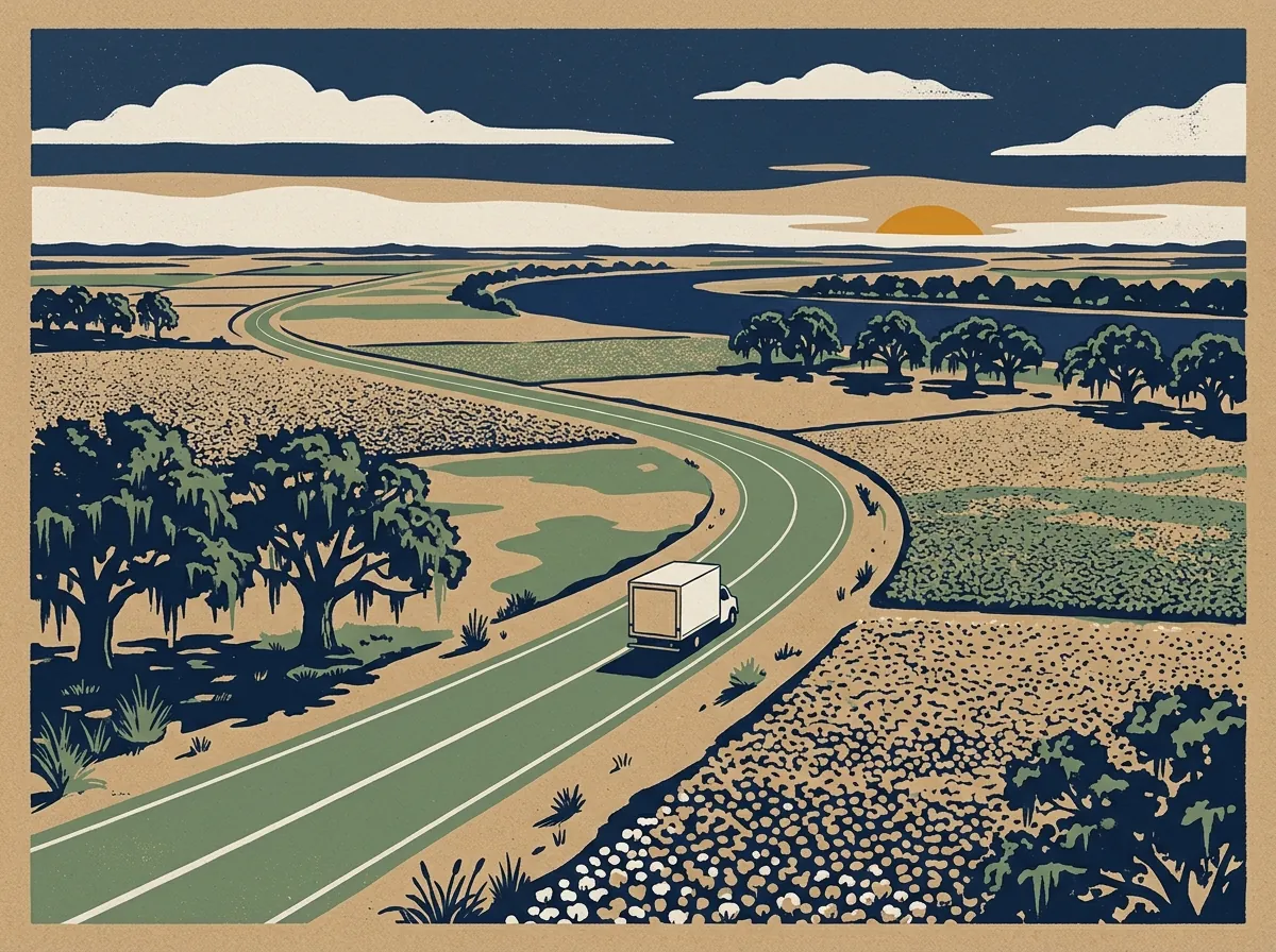 Illustration of a moving truck on a highway in Mississippi