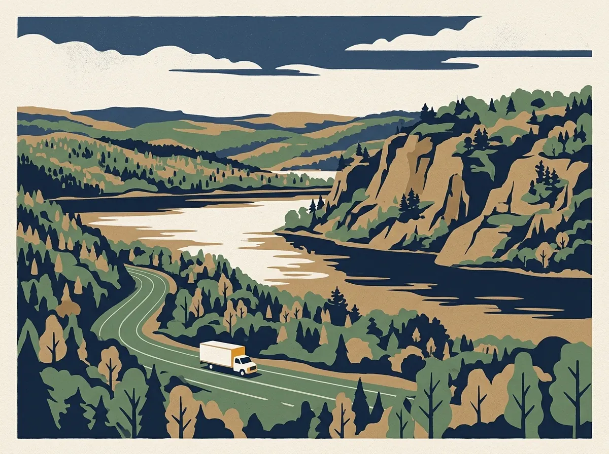 Illustration of a moving truck on a highway through Missouri
