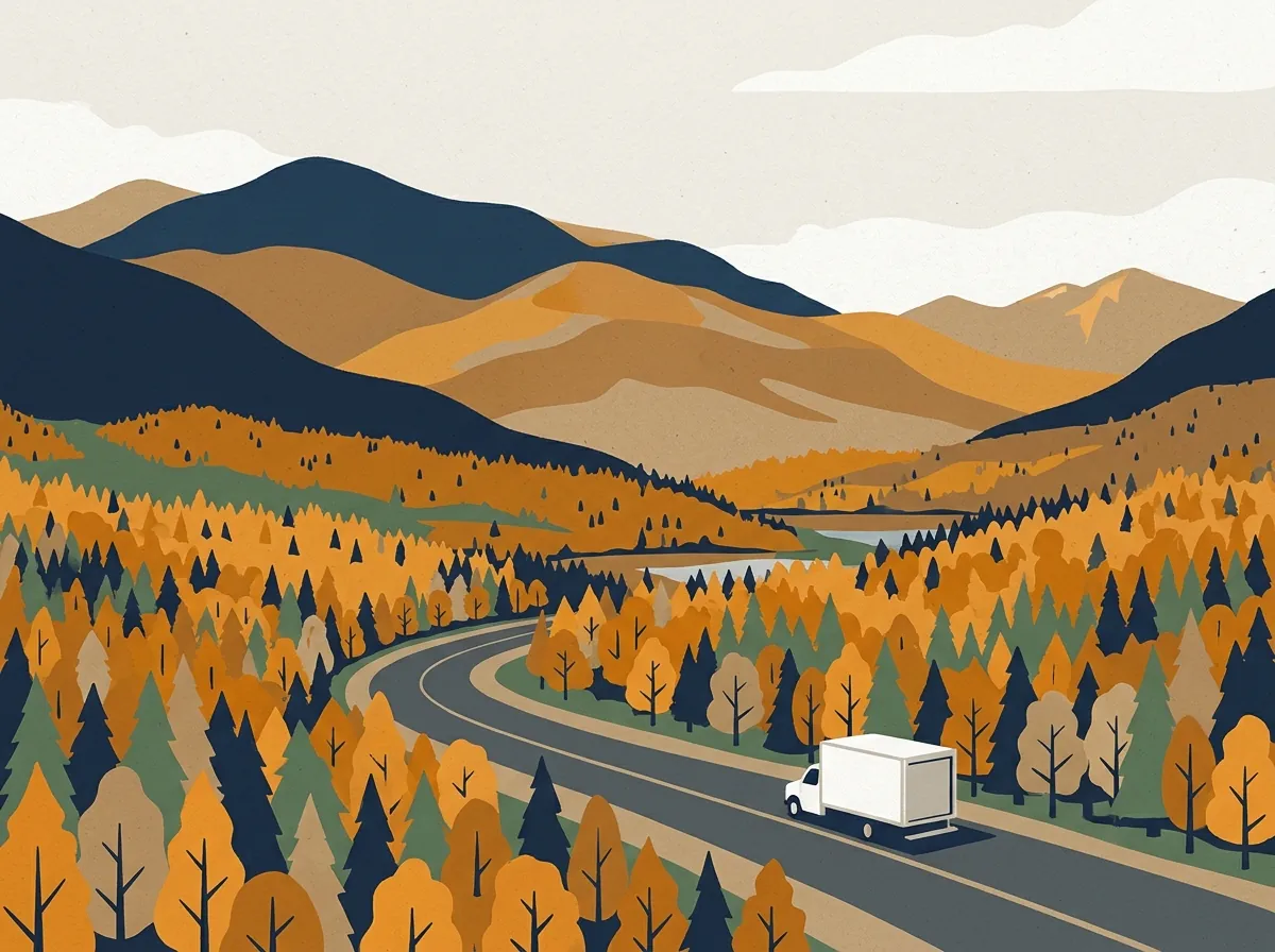 Illustration of a moving truck on a highway through New Hampshire