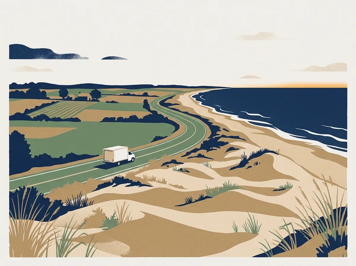 Illustration of a moving truck on a highway through New Jersey