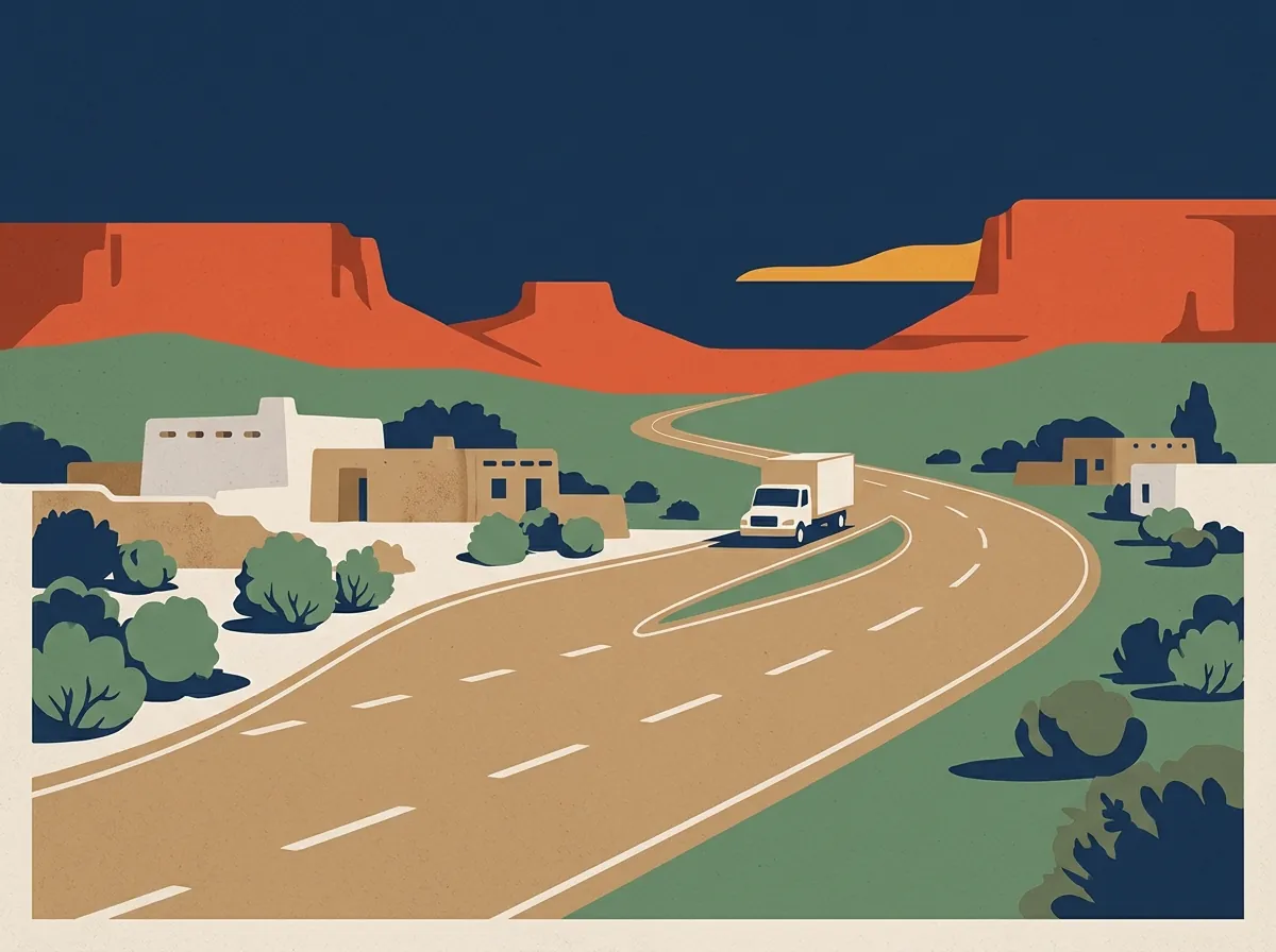 Illustration of a moving truck on a highway in New Mexico
