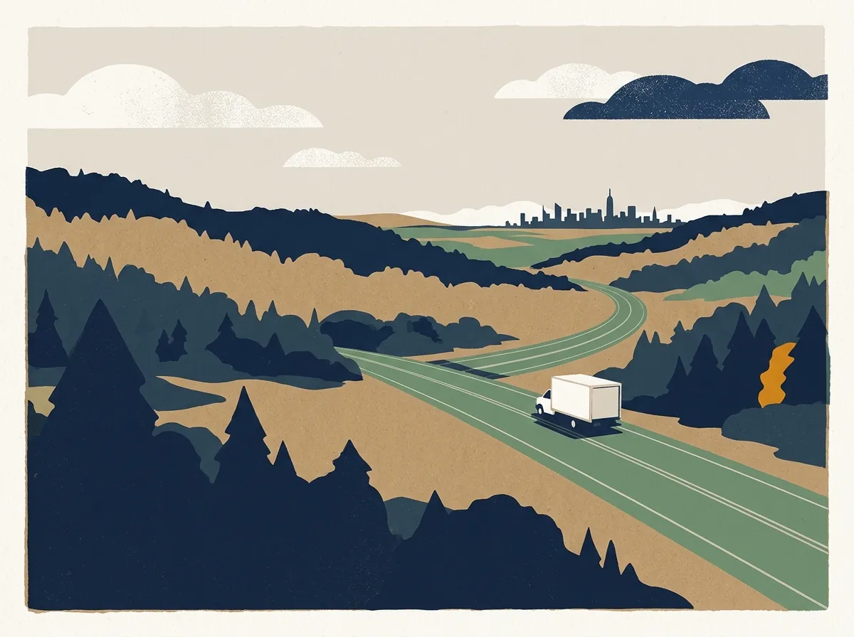Illustration of a moving truck on a highway through New York