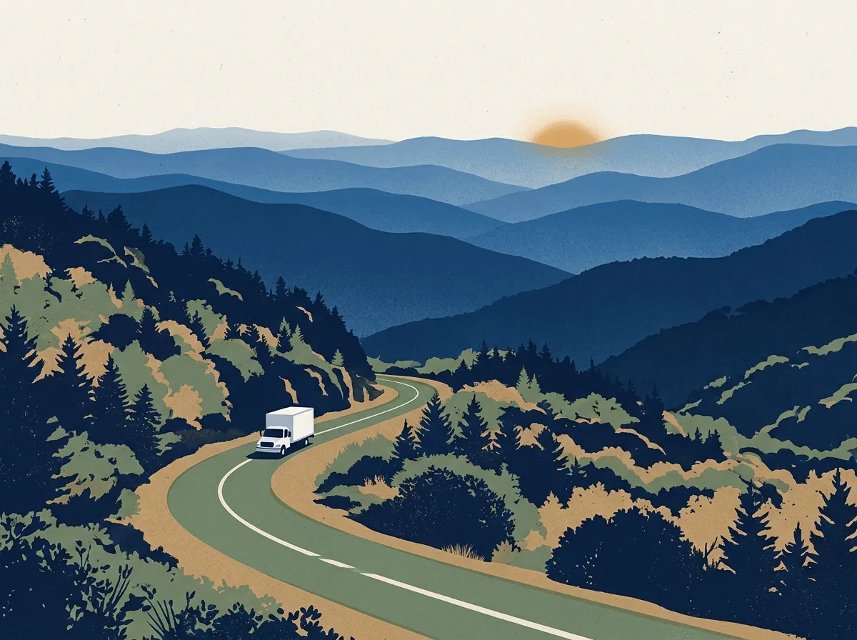 Illustration of a moving truck on a highway through North Carolina