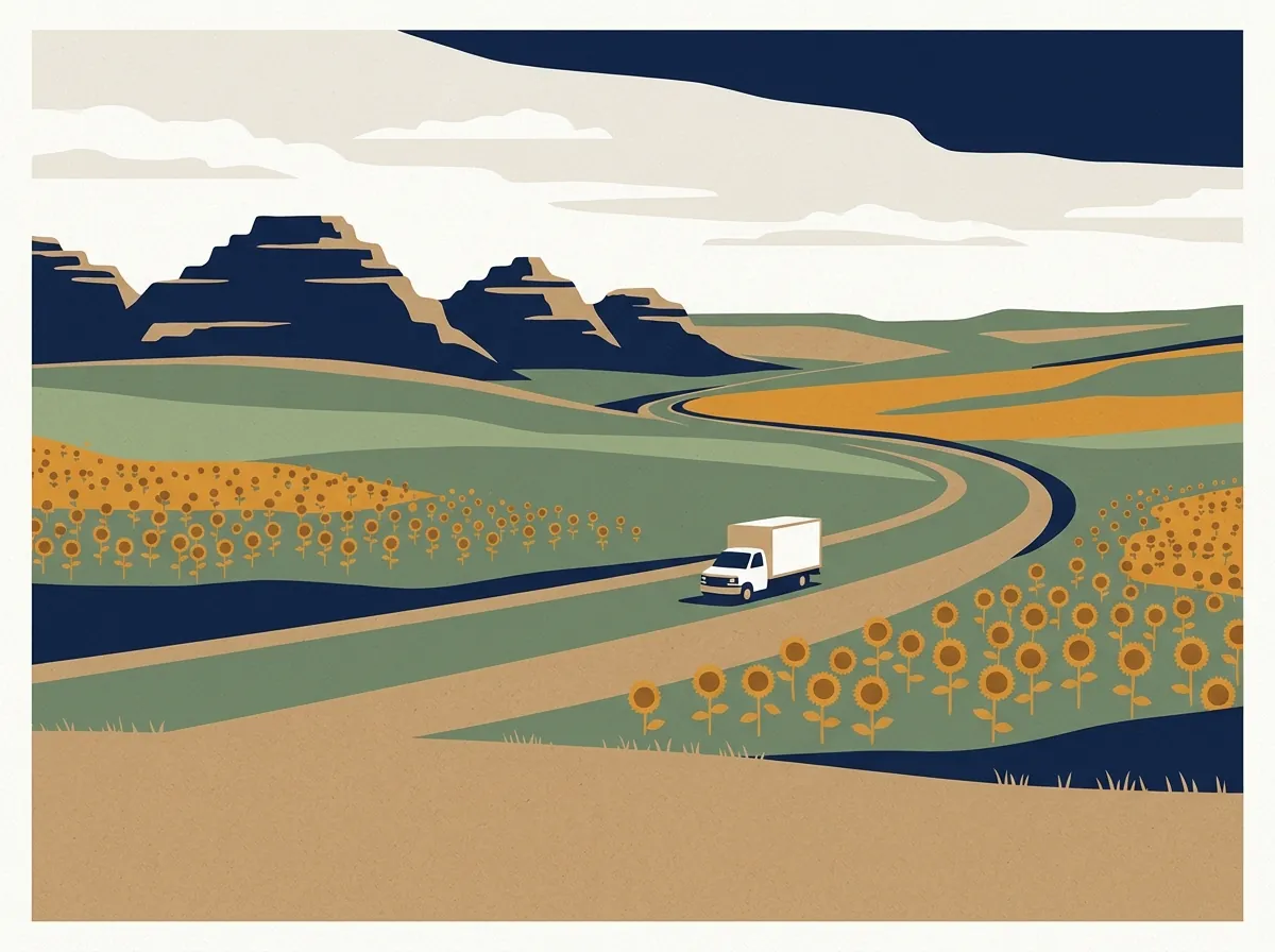 Illustration of a moving truck on a highway through North Dakota