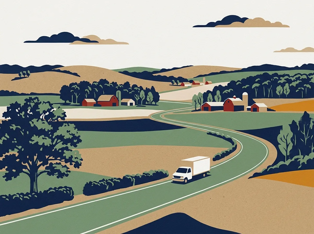Illustration of a moving truck on a highway through Ohio