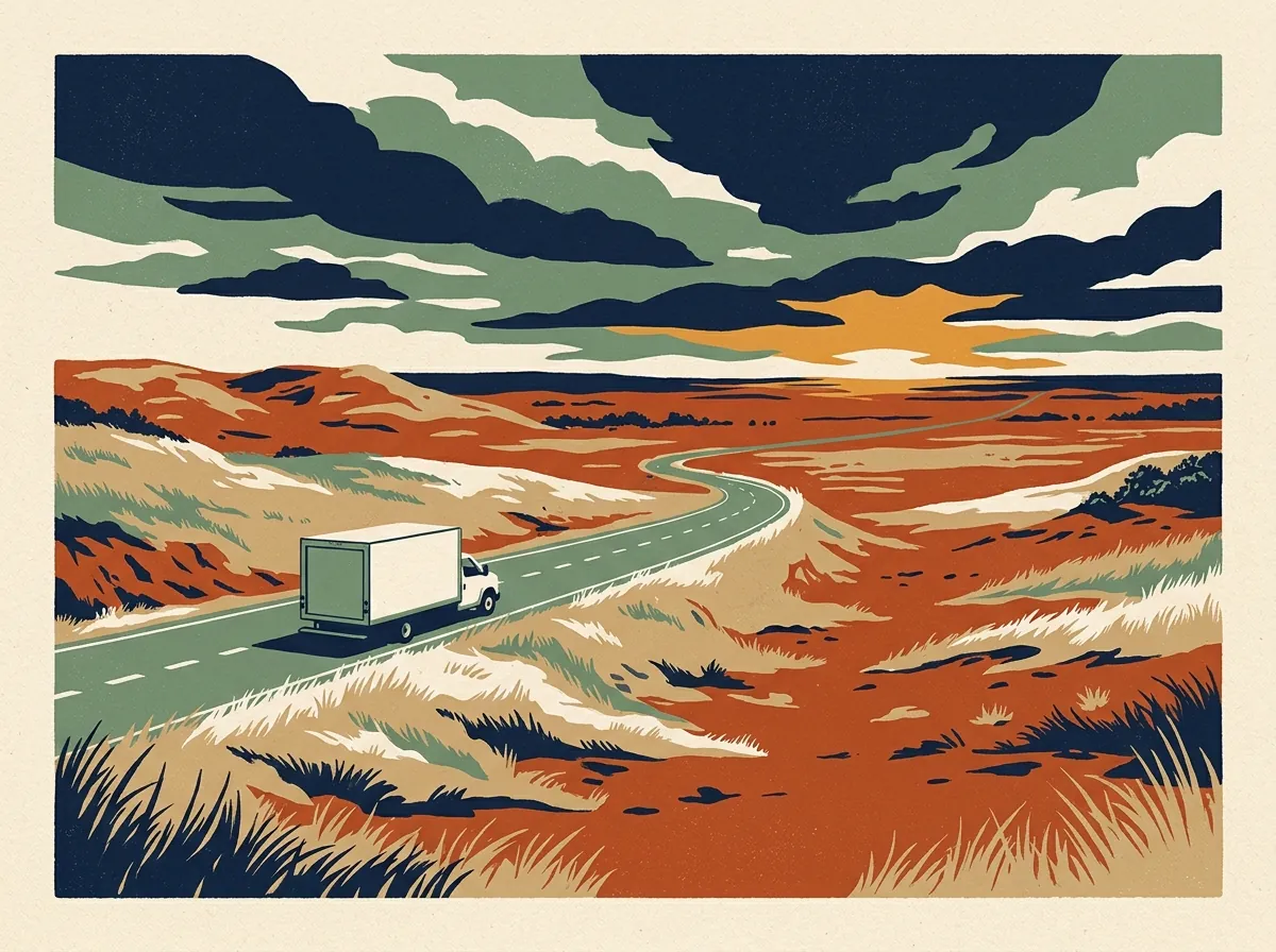 Illustration of a moving truck on a highway through Oklahoma