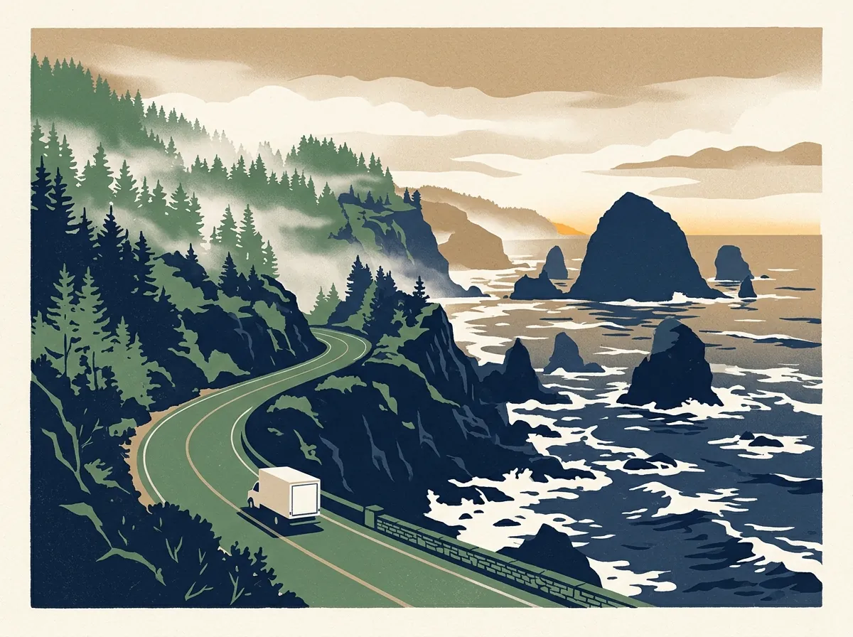 Illustration of a moving truck on a highway in Oregon