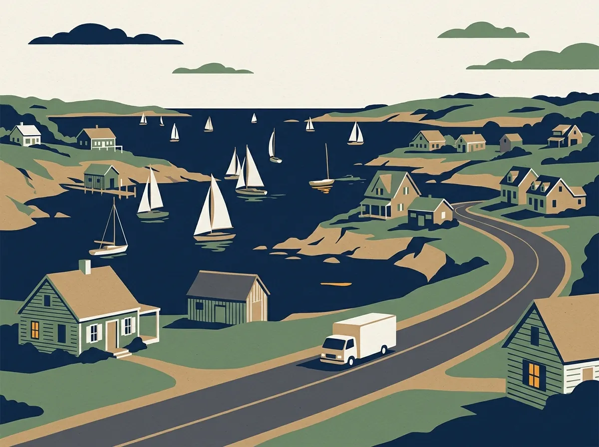 Illustration of a moving truck on a highway through Rhode Island