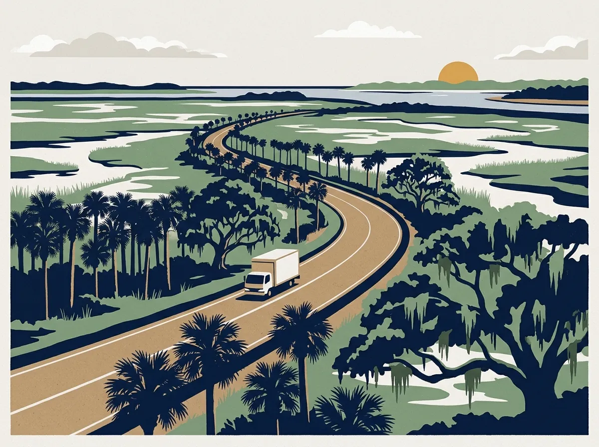 Illustration of a moving truck on a highway through South Carolina