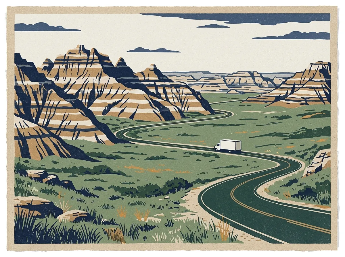 Illustration of a moving truck on a highway in South Dakota