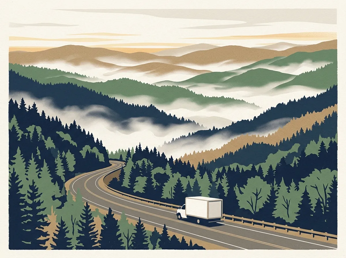 Illustration of a moving truck on a highway through Tennessee