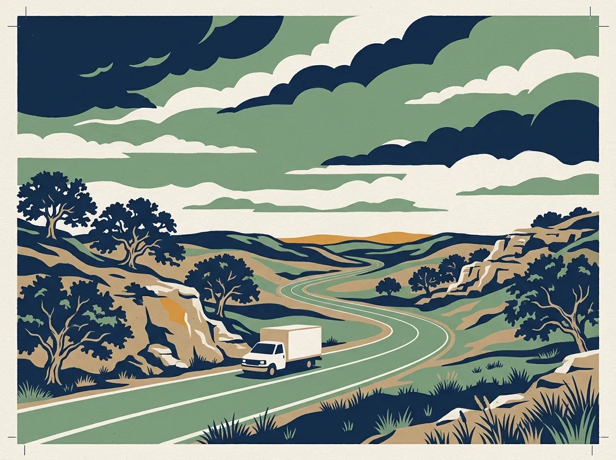Illustration of a moving truck on a highway through Texas