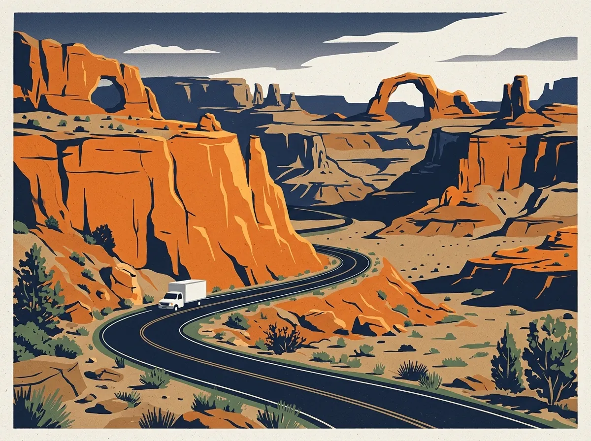 Illustration of a moving truck on a highway through Utah