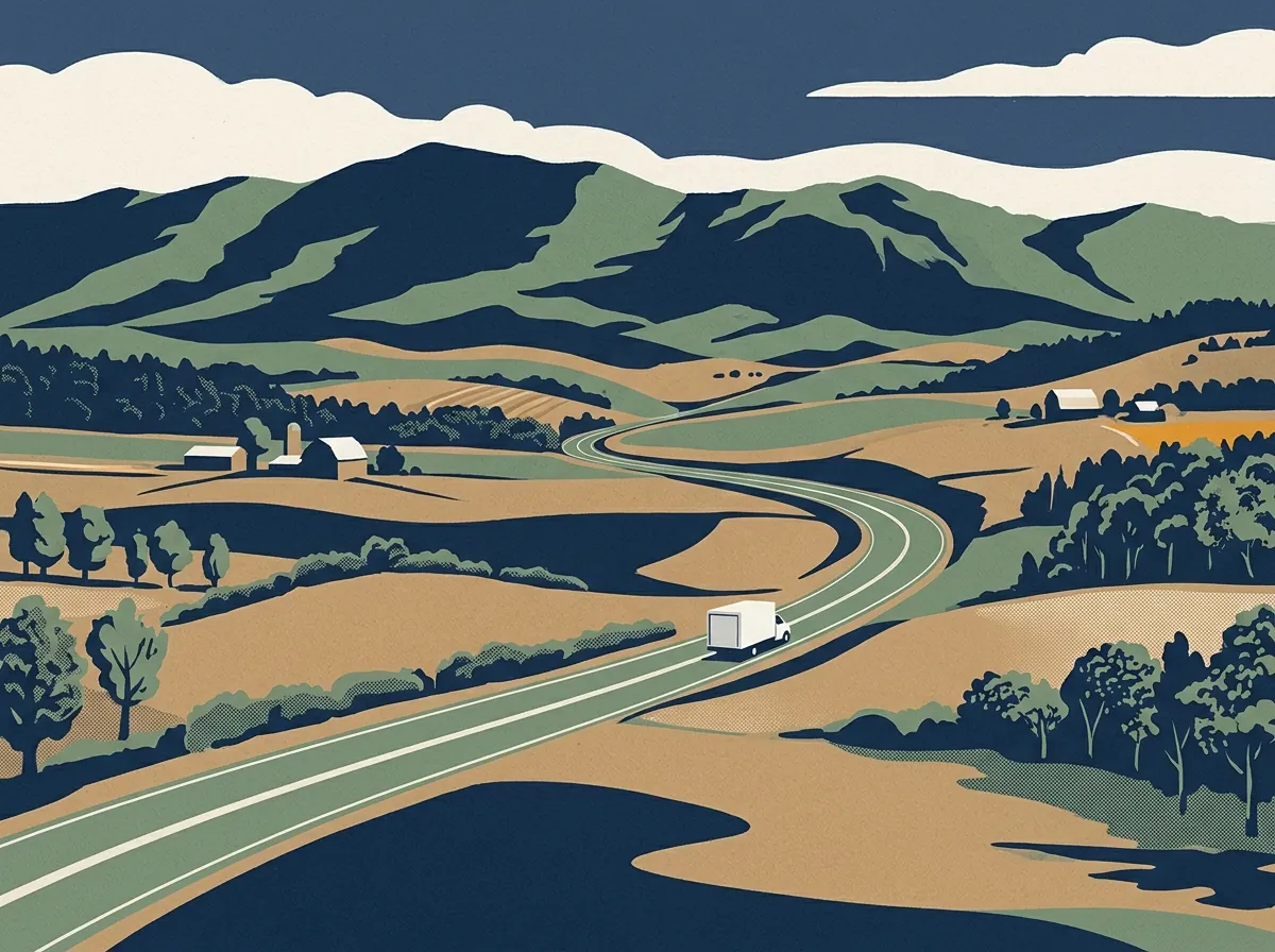 Illustration of a moving truck on a highway through Virginia