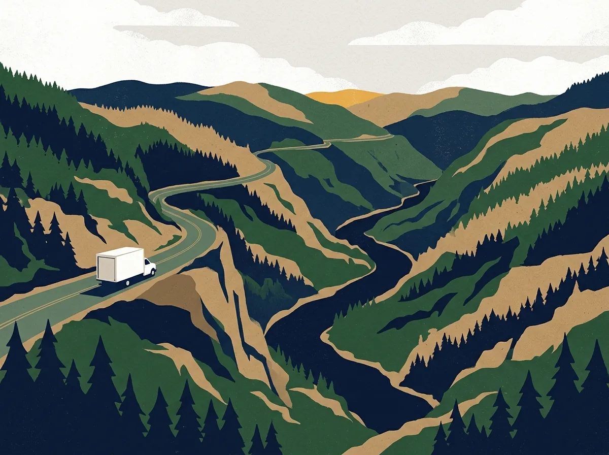 Illustration of a moving truck on a highway through West Virginia