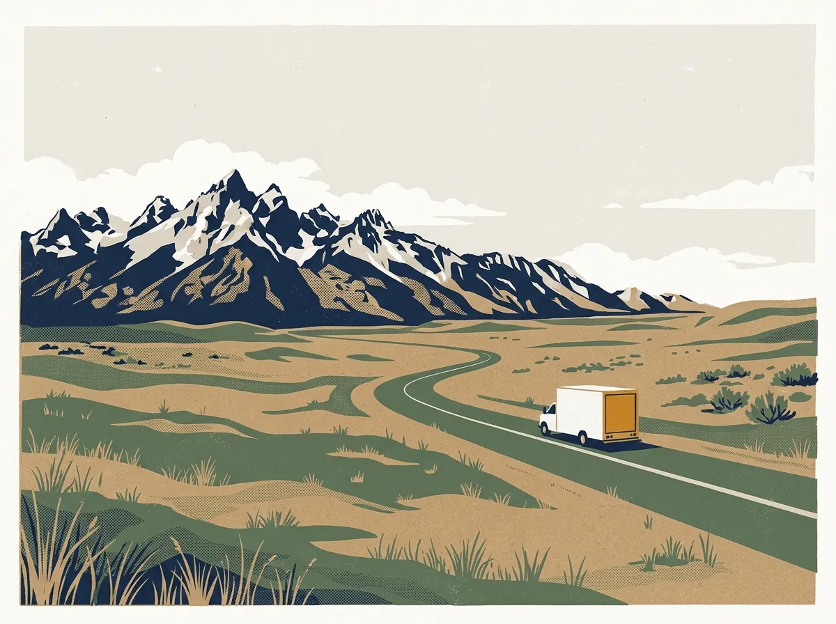 Illustration of a moving truck on a highway through Wyoming